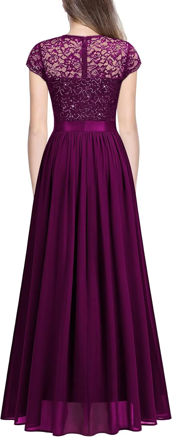 Miusol Women's Classy Scoop Neck Sequin Lace Contrast Bridesmaid Party Maxi Dress