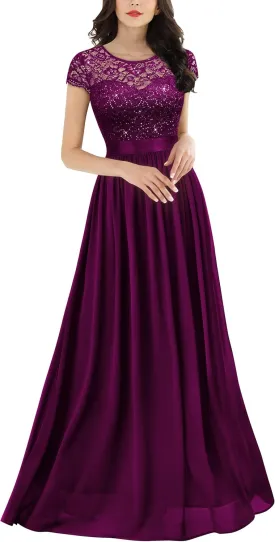Miusol Women's Classy Scoop Neck Sequin Lace Contrast Bridesmaid Party Maxi Dress