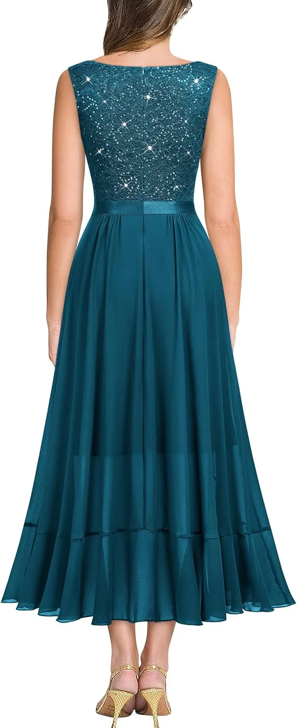 Miusol Women's Vintage V-Neck Sleeveless Sequined Floral Lace Ruffle Split Evening Party Dress