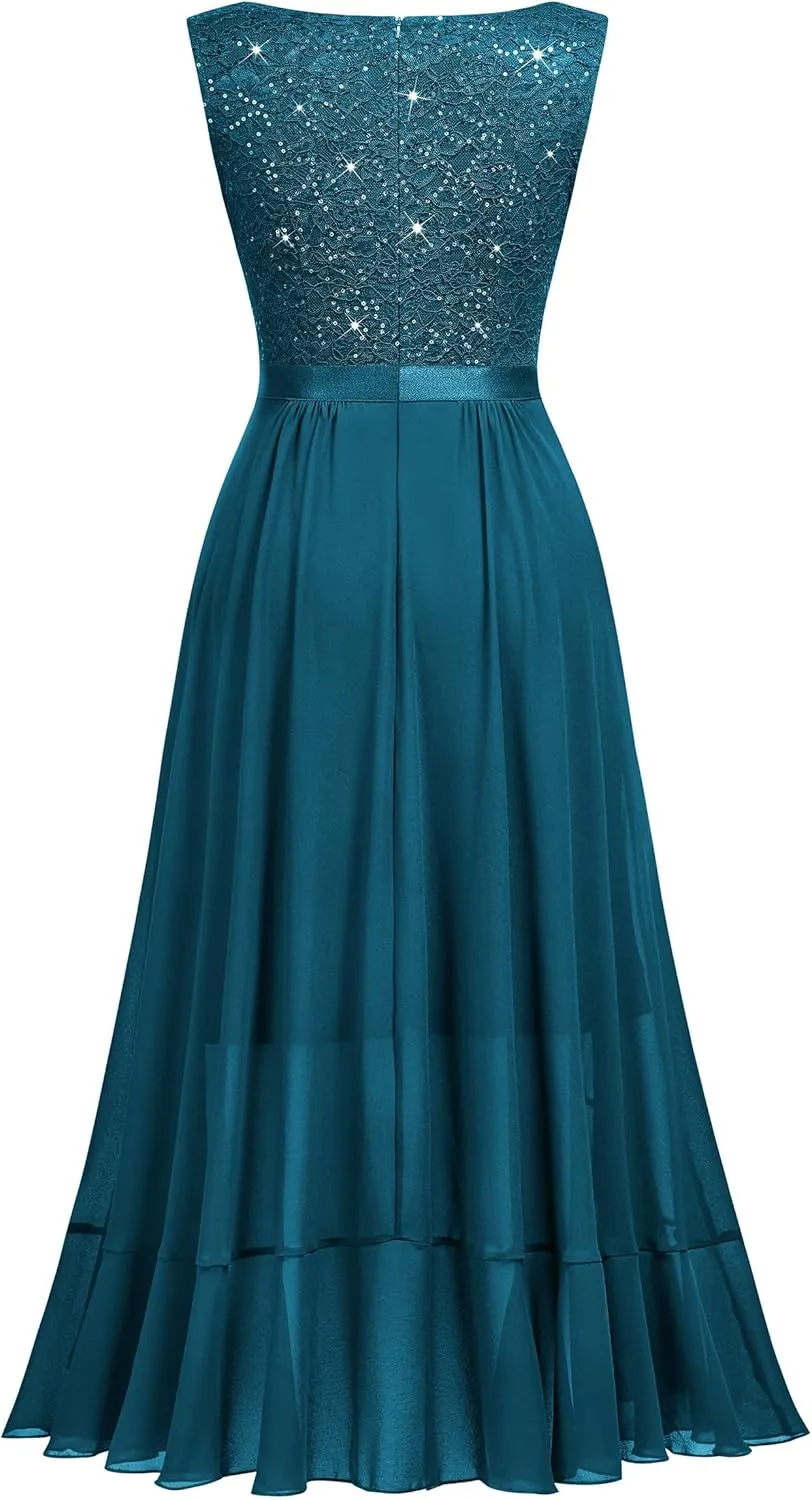 Miusol Women's Vintage V-Neck Sleeveless Sequined Floral Lace Ruffle Split Evening Party Dress