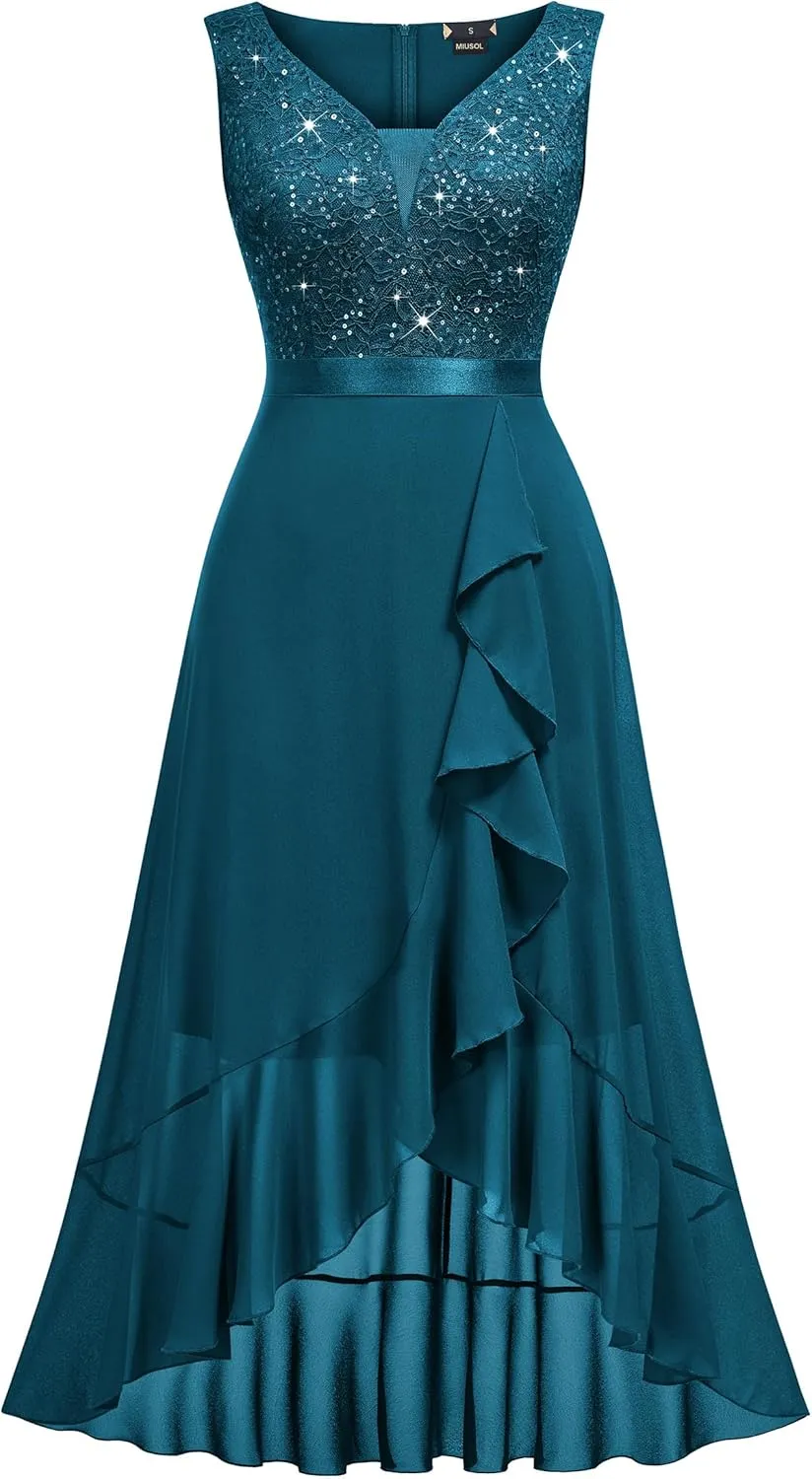 Miusol Women's Vintage V-Neck Sleeveless Sequined Floral Lace Ruffle Split Evening Party Dress
