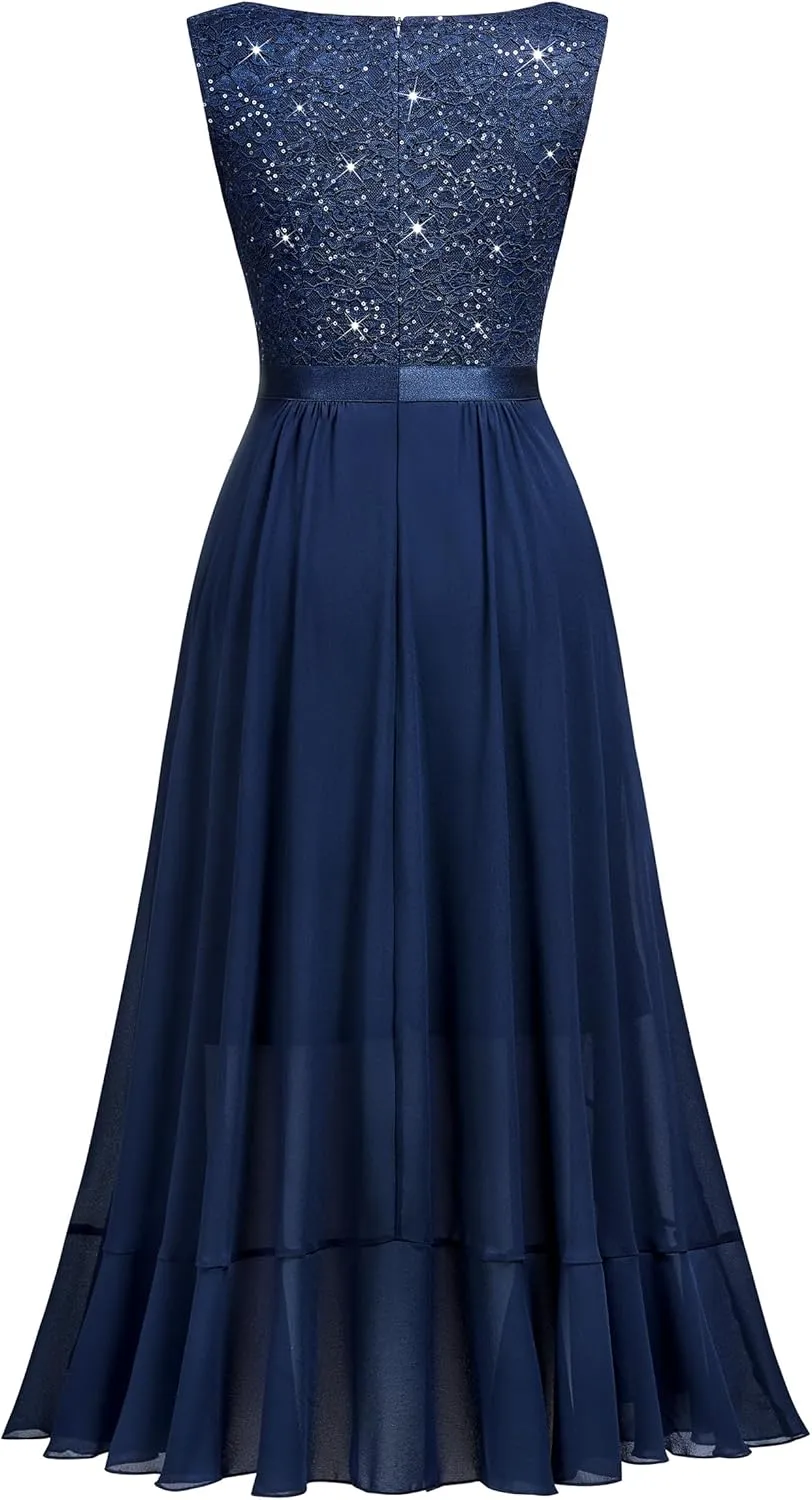 Miusol Women's Vintage V-Neck Sleeveless Sequined Floral Lace Ruffle Split Evening Party Dress