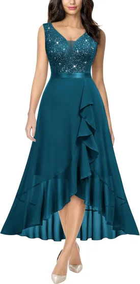 Miusol Women's Vintage V-Neck Sleeveless Sequined Floral Lace Ruffle Split Evening Party Dress