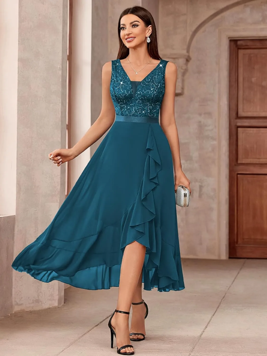 Miusol Women's Vintage V-Neck Sleeveless Sequined Floral Lace Ruffle Split Evening Party Dress