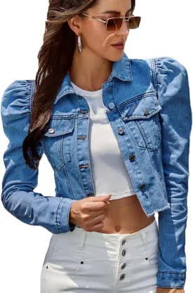 Nihsatin Women's Puff Sleeve Denim Jacket Pockets Front Button Down Crop Jean Coat