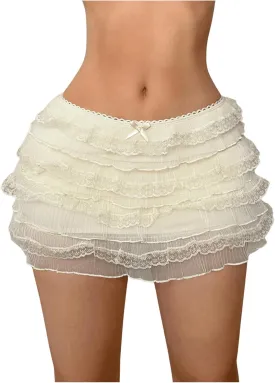 OYOANGLE Women's Bow Sheer Mesh Ruffled Mini Skirt Y2K Low Waist Layered A Line Skirts