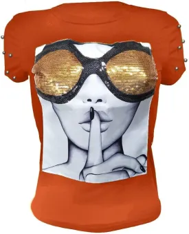 PESION Womens Short Sleeve T-Shirt Sequined Tops O-Neck Funny Graphic Tees Blouse