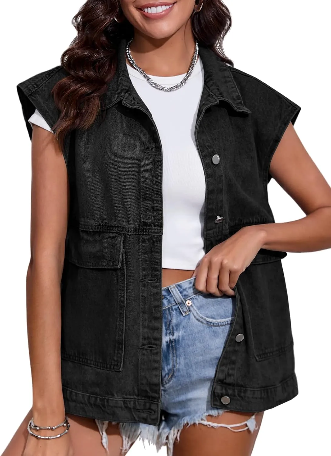 PLNOTME Women's Oversized Jean Vest Casual Denim Cap Sleeve Vest Trendy Sleeveless Jean Jacket