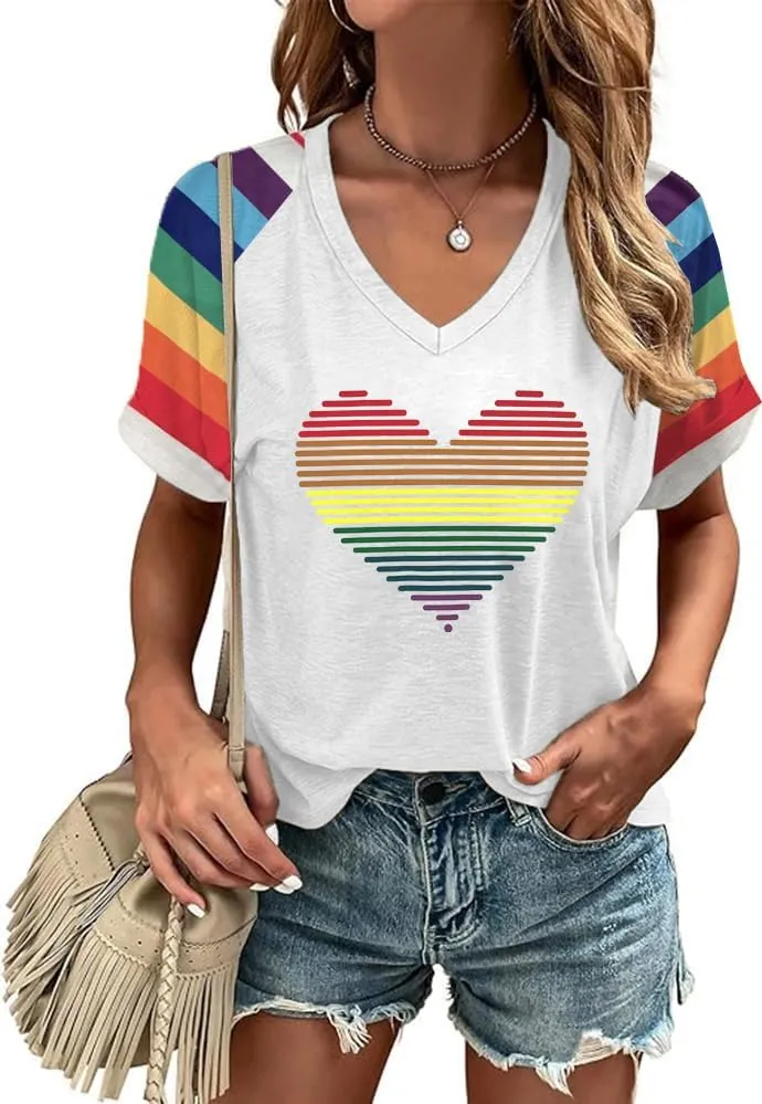 Pride Shirt for Women Rainbow Graphic T-Shirt LGBT Equality Tee Summer Short Sleeve V Neck Tops