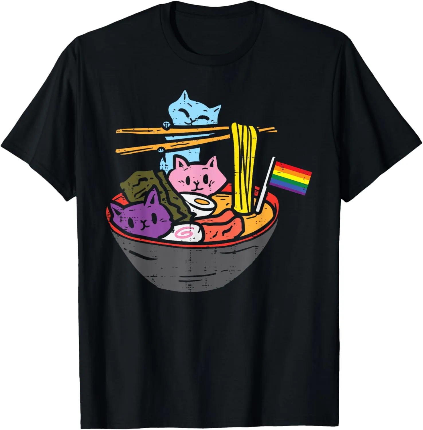 Rainbow Flag Cats Ramen Anime Gay Pride Month LGBTQ Ally T-Shirt