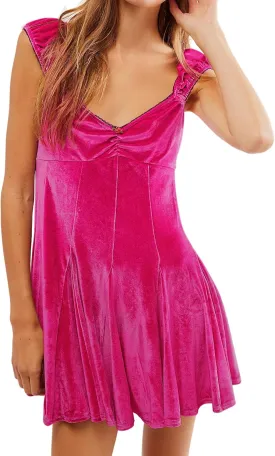 R.Vivimos Women's Fall Velvet Party Dress Sleeveless V Neck Empire Waist Elastic Fit and Flare Swing Mini Dress