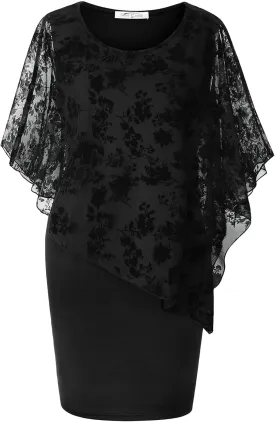 SeSe Code Women's Mesh Cape Overlay Bodycon Knee Length Pencil Dress for Wedding Guest