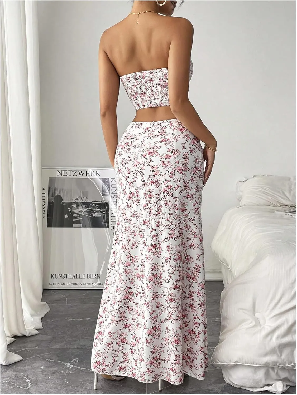 SHENHE Women's Floral 2 Piece Outfits Smocked Crop Tube Top and Ruched Ruffle Slit Maxi Skirt Set