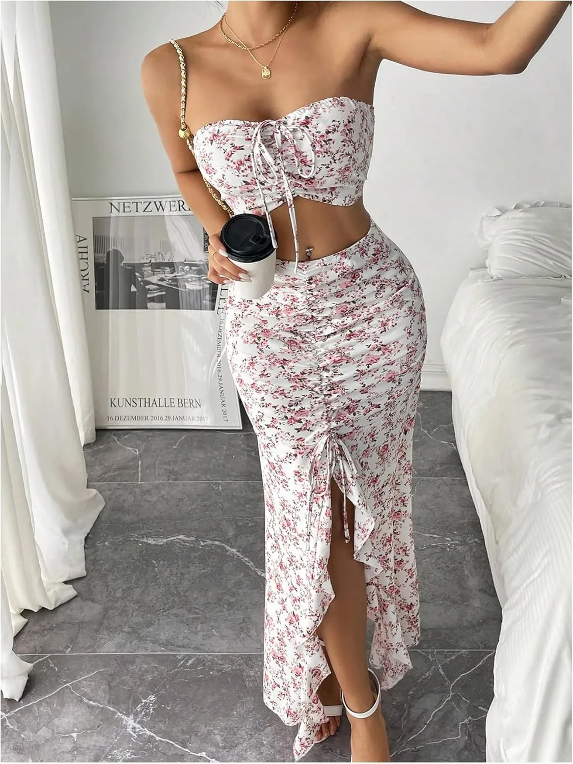 SHENHE Women's Floral 2 Piece Outfits Smocked Crop Tube Top and Ruched Ruffle Slit Maxi Skirt Set