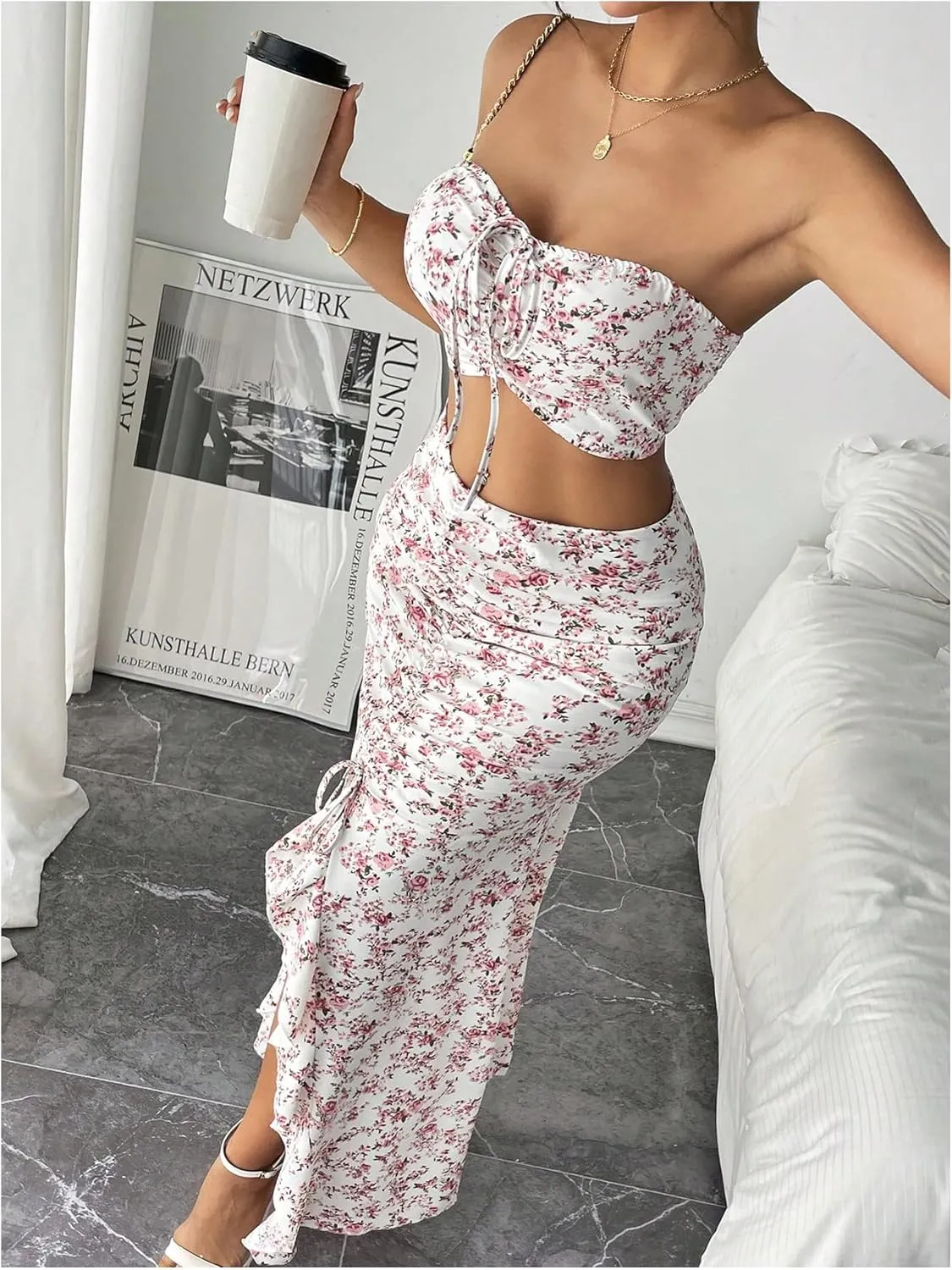 SHENHE Women's Floral 2 Piece Outfits Smocked Crop Tube Top and Ruched Ruffle Slit Maxi Skirt Set