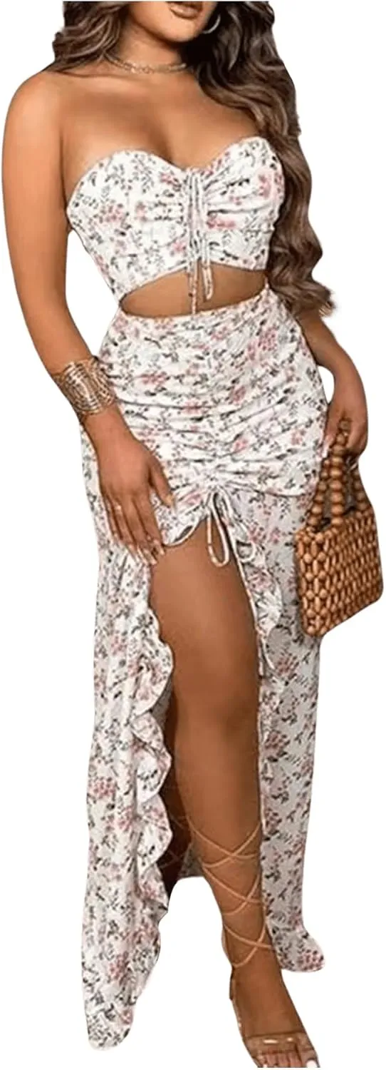 SHENHE Women's Floral 2 Piece Outfits Smocked Crop Tube Top and Ruched Ruffle Slit Maxi Skirt Set