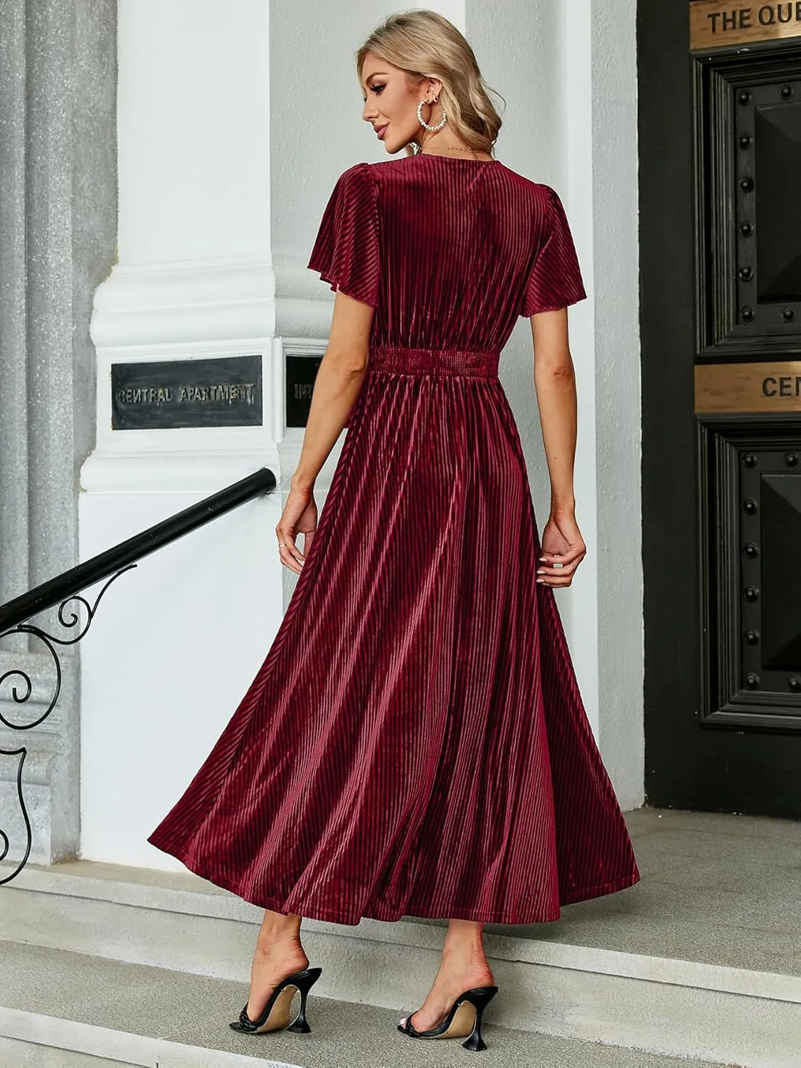 Simplee Womens V Neck Velvet Maxi Dress Short Sleeve Empire Waist Long Formal Dress for Wedding Guest