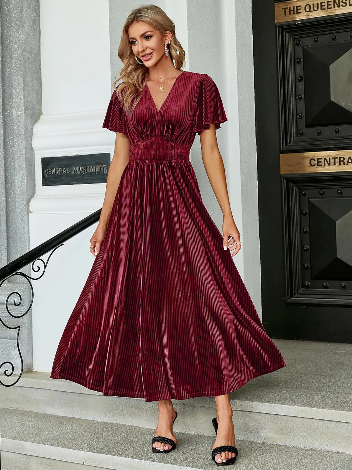 Simplee Womens V Neck Velvet Maxi Dress Short Sleeve Empire Waist Long Formal Dress for Wedding Guest
