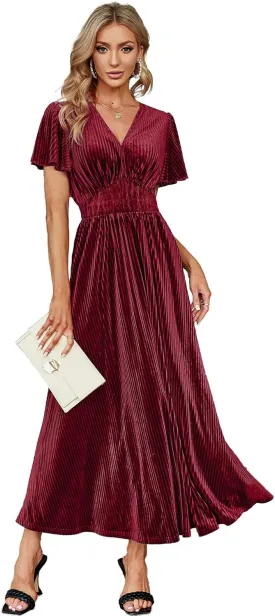 Simplee Womens V Neck Velvet Maxi Dress Short Sleeve Empire Waist Long Formal Dress for Wedding Guest