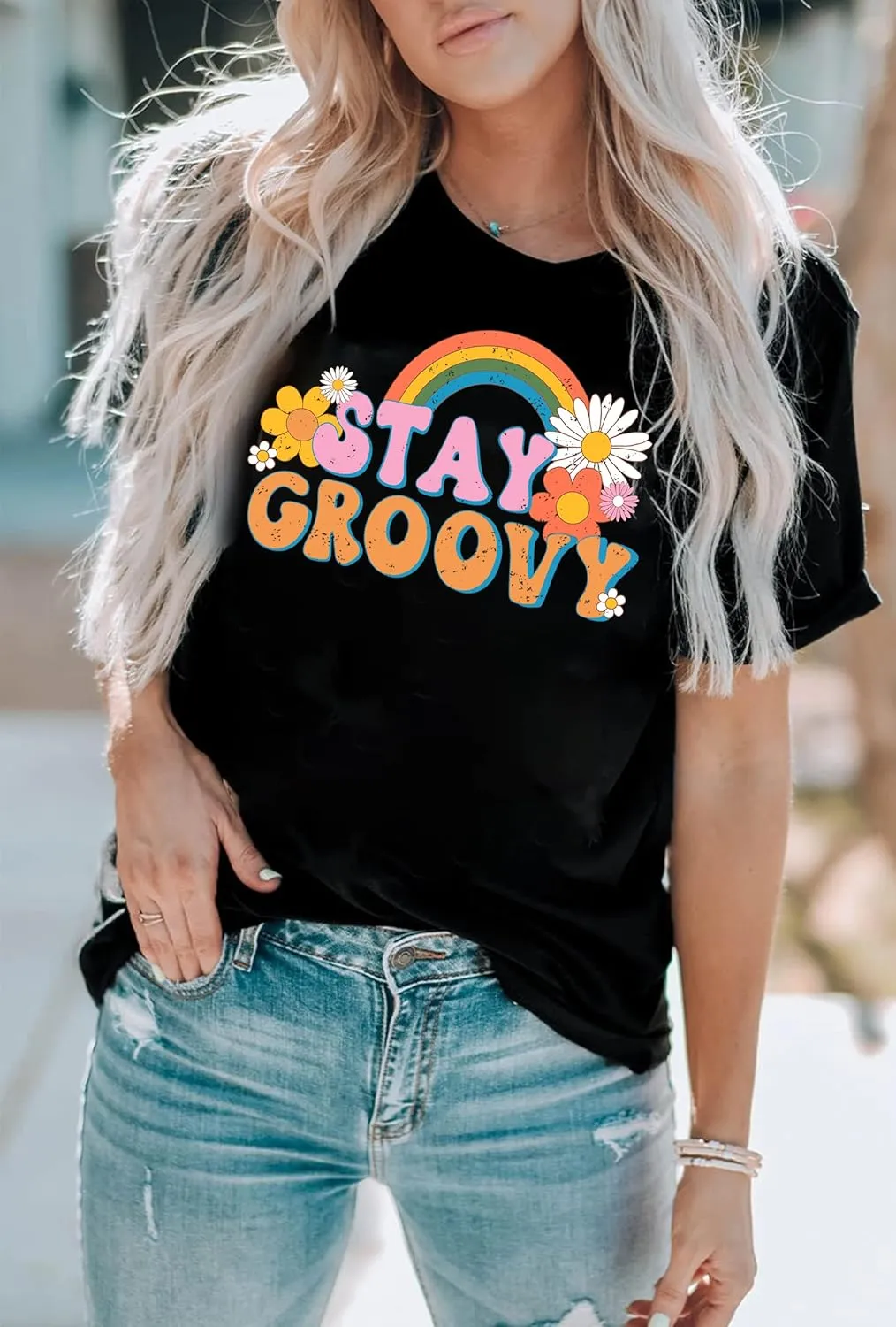 Stay Groovy Shirt for Womens Floral Graphic Retro Shirts Hippie 70s Tee Summer Tee Tops