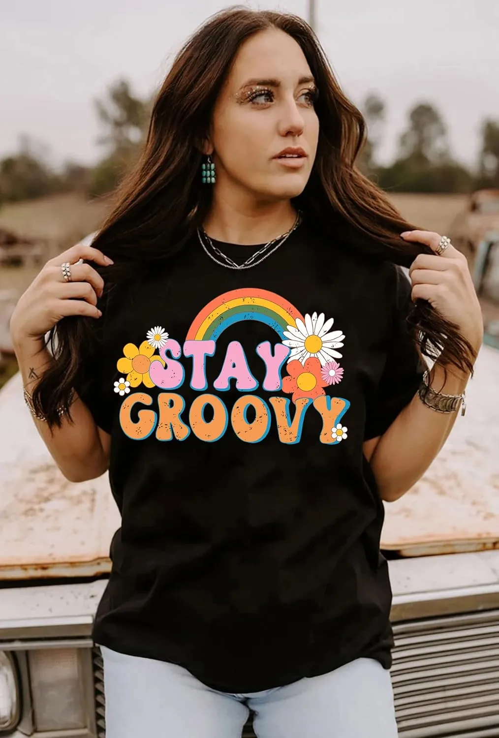 Stay Groovy Shirt for Womens Floral Graphic Retro Shirts Hippie 70s Tee Summer Tee Tops