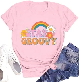 Stay Groovy Shirt for Womens Floral Graphic Retro Shirts Hippie 70s Tee Summer Tee Tops