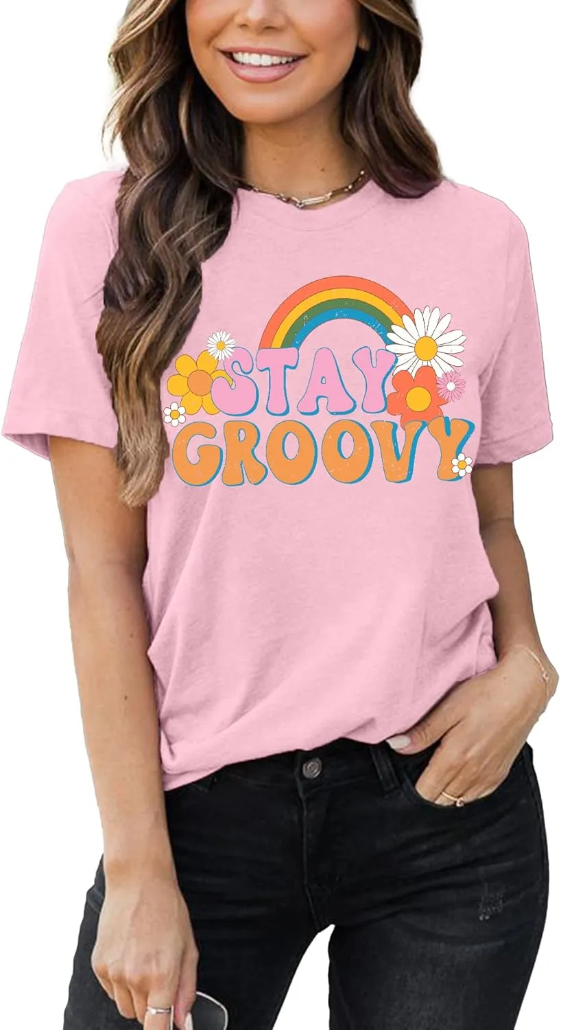 Stay Groovy Shirt for Womens Floral Graphic Retro Shirts Hippie 70s Tee Summer Tee Tops