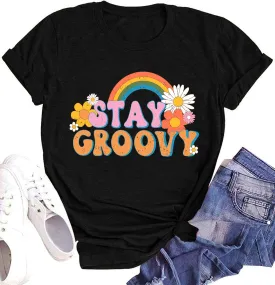 Stay Groovy Shirt for Womens Floral Graphic Retro Shirts Hippie 70s Tee Summer Tee Tops