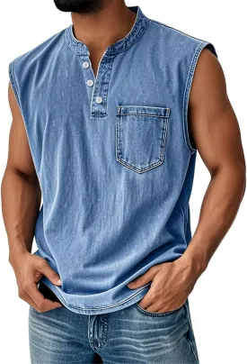 Tank Tops Men Big and Tall Henley Shirts Sleeveless Muscle Gym Workout Running Beach Summer Vintage Button Up Biker Tee Vest