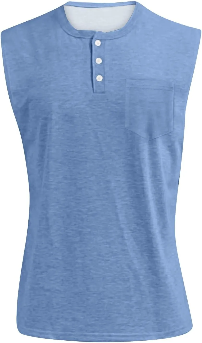 Tank Tops Men Big and Tall Henley Shirts Sleeveless Muscle Gym Workout Running Beach Summer Vintage Button Up Biker Tee Vest