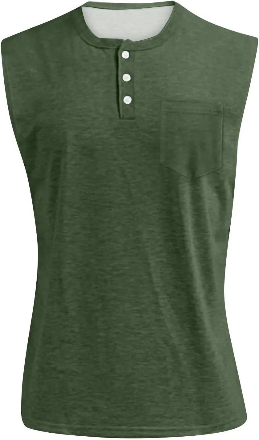 Tank Tops Men Big and Tall Henley Shirts Sleeveless Muscle Gym Workout Running Beach Summer Vintage Button Up Biker Tee Vest