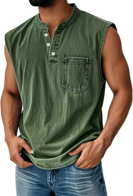 Tank Tops Men Big and Tall Henley Shirts Sleeveless Muscle Gym Workout Running Beach Summer Vintage Button Up Biker Tee Vest