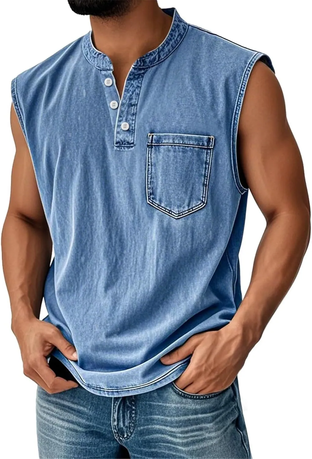 Tank Tops Men Big and Tall Henley Shirts Sleeveless Muscle Gym Workout Running Beach Summer Vintage Button Up Biker Tee Vest