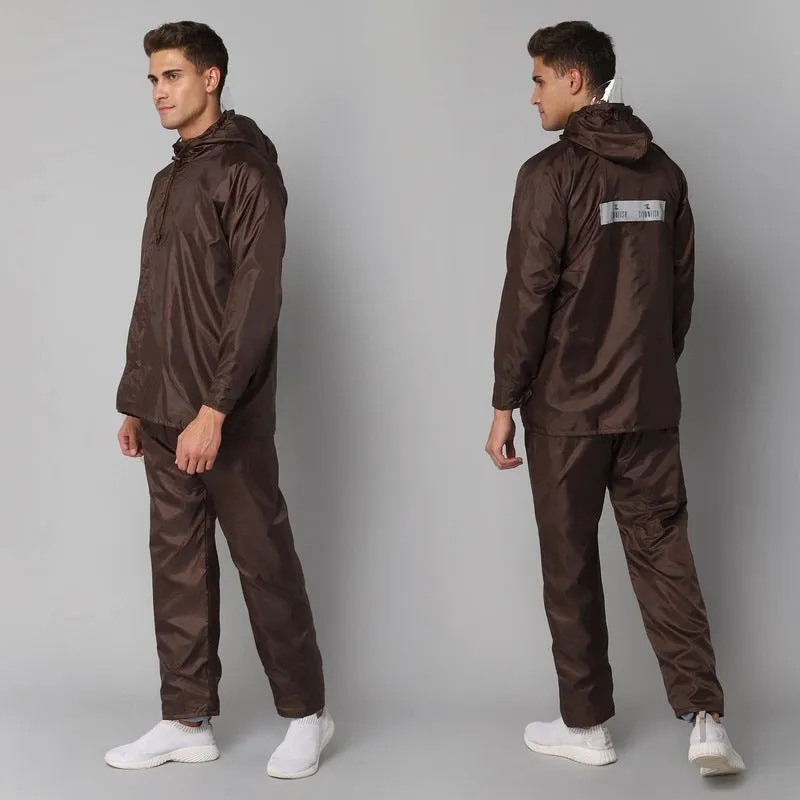 THE CLOWNFISH Men Polyester Full Length Rain Coat For Waterproof For Bike Reversible Double Layer With Hood Raincoat For Men. Set Of Top&Bottom Packed In A Storage Bag Magic Pro Series (Brown,XLarge)