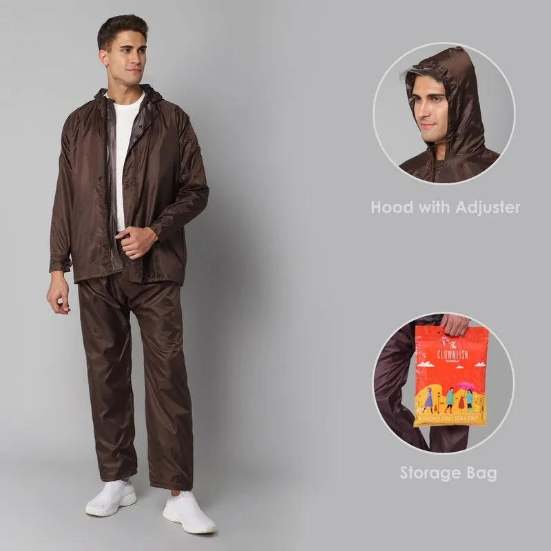 THE CLOWNFISH Men Polyester Full Length Rain Coat For Waterproof For Bike Reversible Double Layer With Hood Raincoat For Men. Set Of Top&Bottom Packed In A Storage Bag Magic Pro Series (Brown,XLarge)