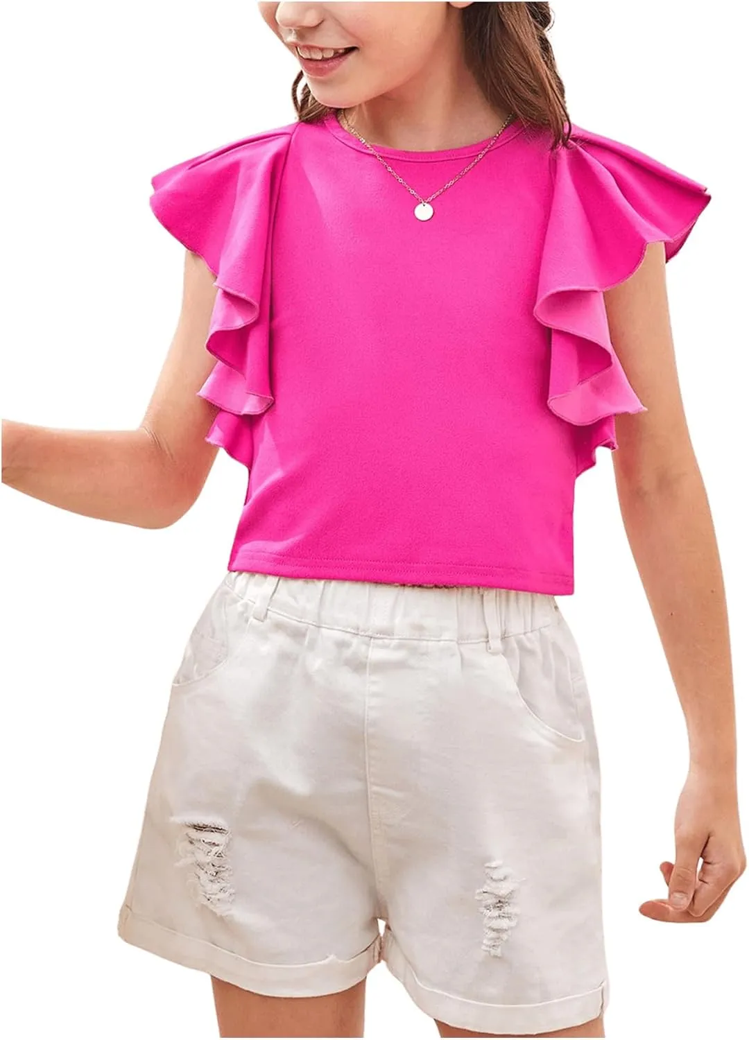 WDIRARA Girl's Ruffle Cap Sleeve Round Neck Cute Top T Shirt Solid Tee