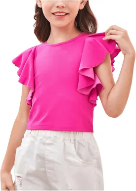 WDIRARA Girl's Ruffle Cap Sleeve Round Neck Cute Top T Shirt Solid Tee