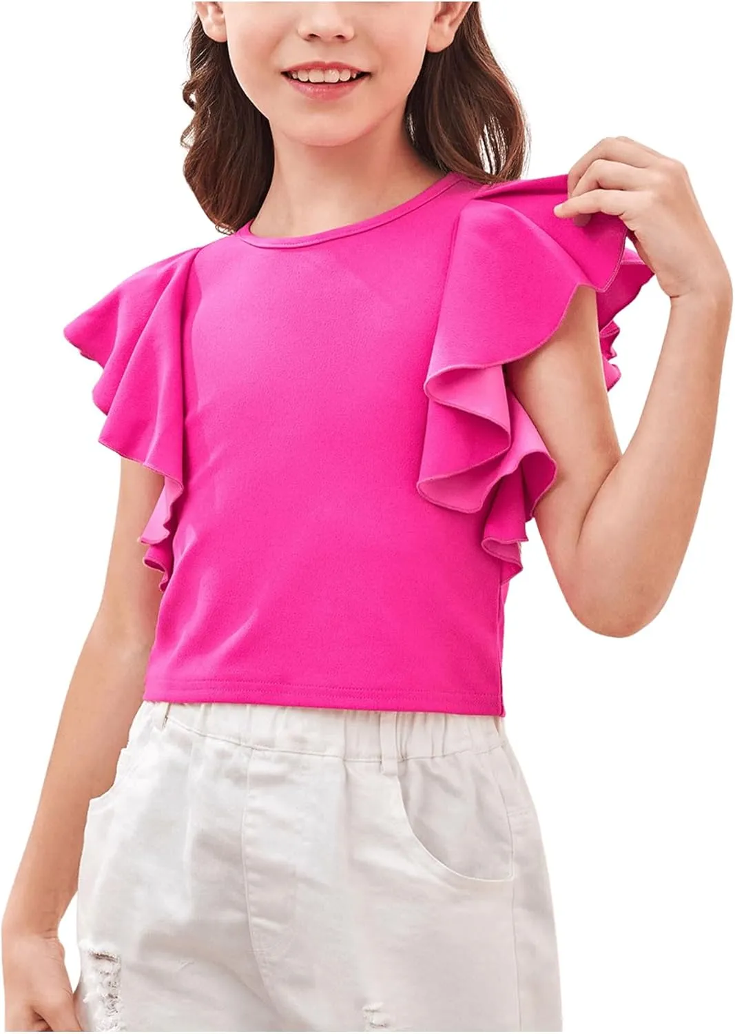 WDIRARA Girl's Ruffle Cap Sleeve Round Neck Cute Top T Shirt Solid Tee