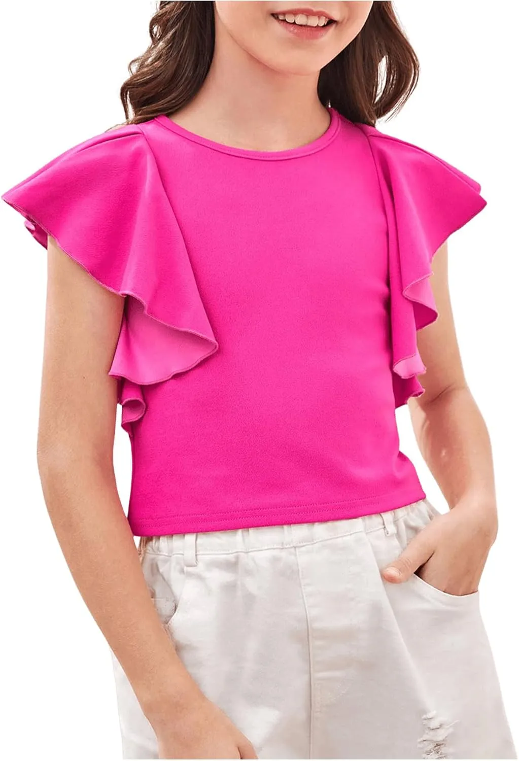 WDIRARA Girl's Ruffle Cap Sleeve Round Neck Cute Top T Shirt Solid Tee