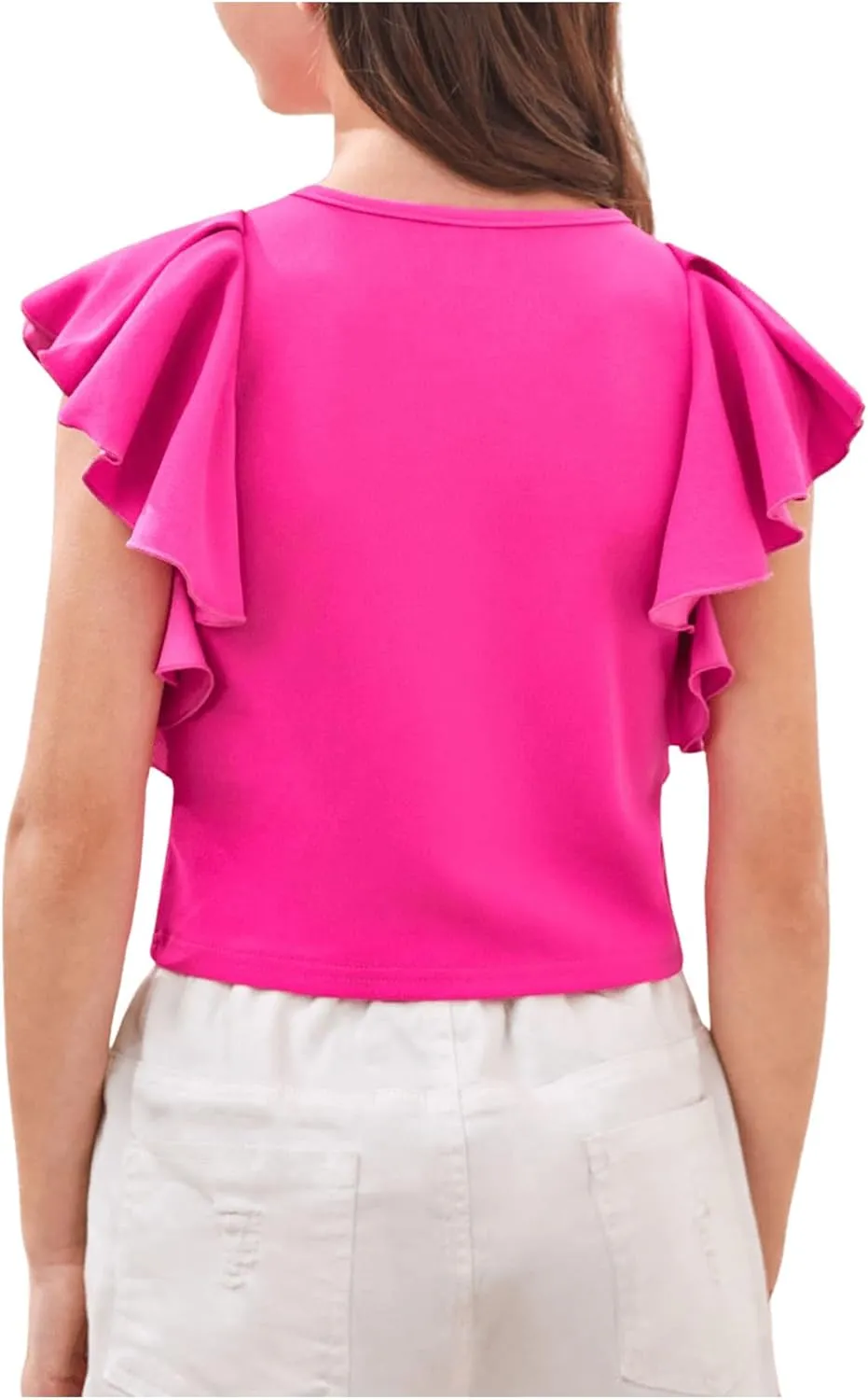 WDIRARA Girl's Ruffle Cap Sleeve Round Neck Cute Top T Shirt Solid Tee