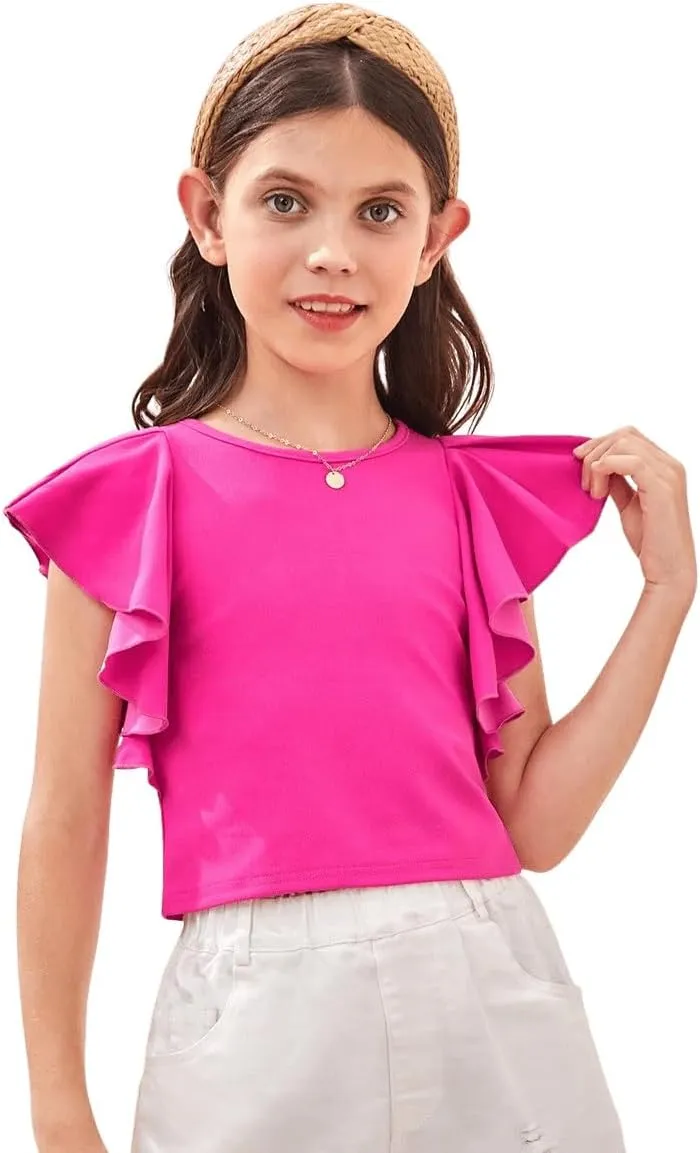 WDIRARA Girl's Ruffle Cap Sleeve Round Neck Cute Top T Shirt Solid Tee