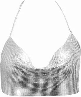 Women Shiny Metal Sequin Crop Top Sexy Halter Tank Top Camisole for Party Clubwear V-Neck Party Wear (Sliver)