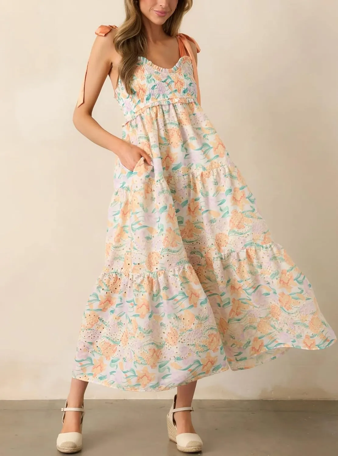 Women Y2k Floral Smocked Maxi Dress Bow Tie Shoulder Tiered Ruffle Midi Sun Dress Boho Casual Beach Long Dresses