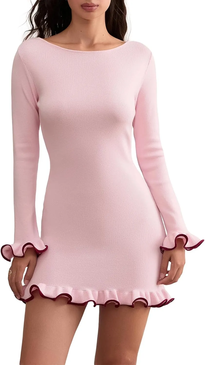 Women Y2k Long Sleeve Knit Mini Dress - Vintage Slim Fit Rolled Edge Fairy Grunge Bodycon Party Dress Clubwear