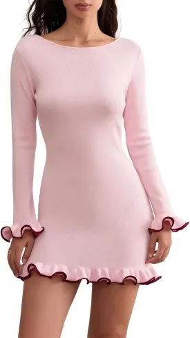 Women Y2k Long Sleeve Knit Mini Dress - Vintage Slim Fit Rolled Edge Fairy Grunge Bodycon Party Dress Clubwear
