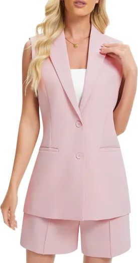 Women's 2 Piece Outfits Sleeveless Suit Vest and Shorts Sets Notch Lapel Two Button Business Casual Blazer Sets