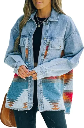 Womens Aztec Shacket Jacket Lapel Long Sleeve Retro Jean Coat Oversized Western Denim Jacket