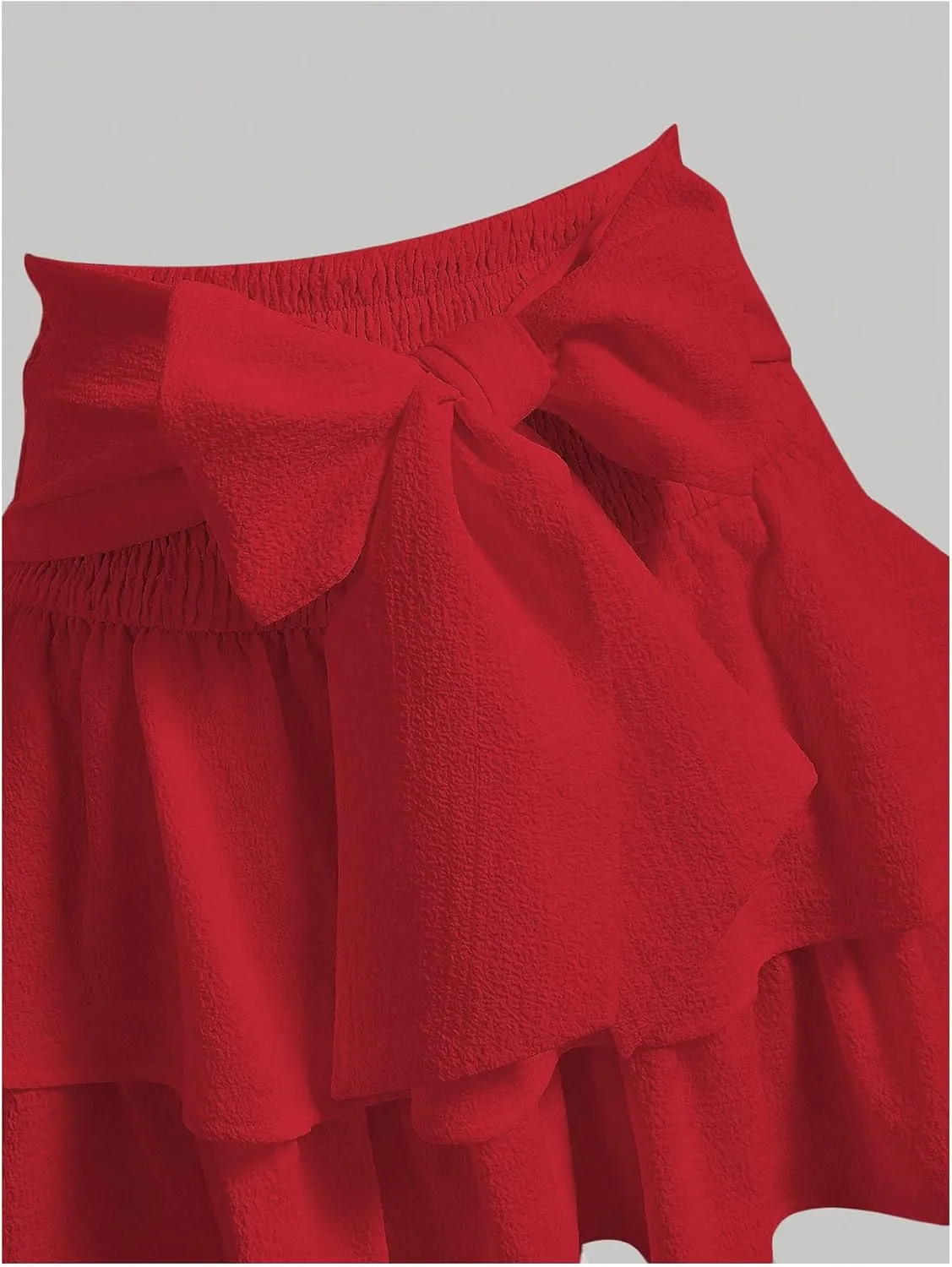 Women's Bow Front Mini Skirt High Shirred Waist Layered Ruffle Hem Short Cake Skirts