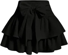 Women's Bow Front Mini Skirt High Shirred Waist Layered Ruffle Hem Short Cake Skirts