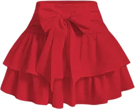 Women's Bow Front Mini Skirt High Shirred Waist Layered Ruffle Hem Short Cake Skirts
